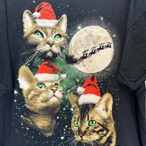 Cats Santa Moon Christmas Holiday Shirt XXL Party Black Tee Funny Elves Festive - Picture 1 of 4